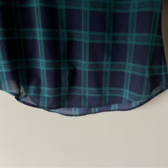 J. Crew Navy Green Tartan Plaid Semi Sheer V Neck 3/4 Bell Sleeve Blouse Small - Picture 8 of 8